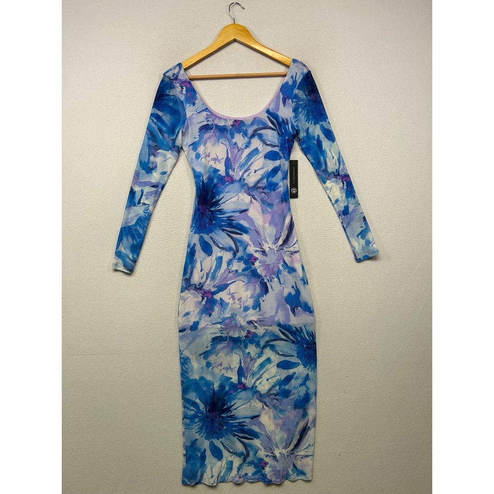 Y2K Floral Mesh As U Wish Womens Small Blue Long Sleeve Bodycon Midi Dress
